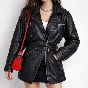 Vintage 80s 90s Leather Biker Jacket Belt Zipper Size Medium